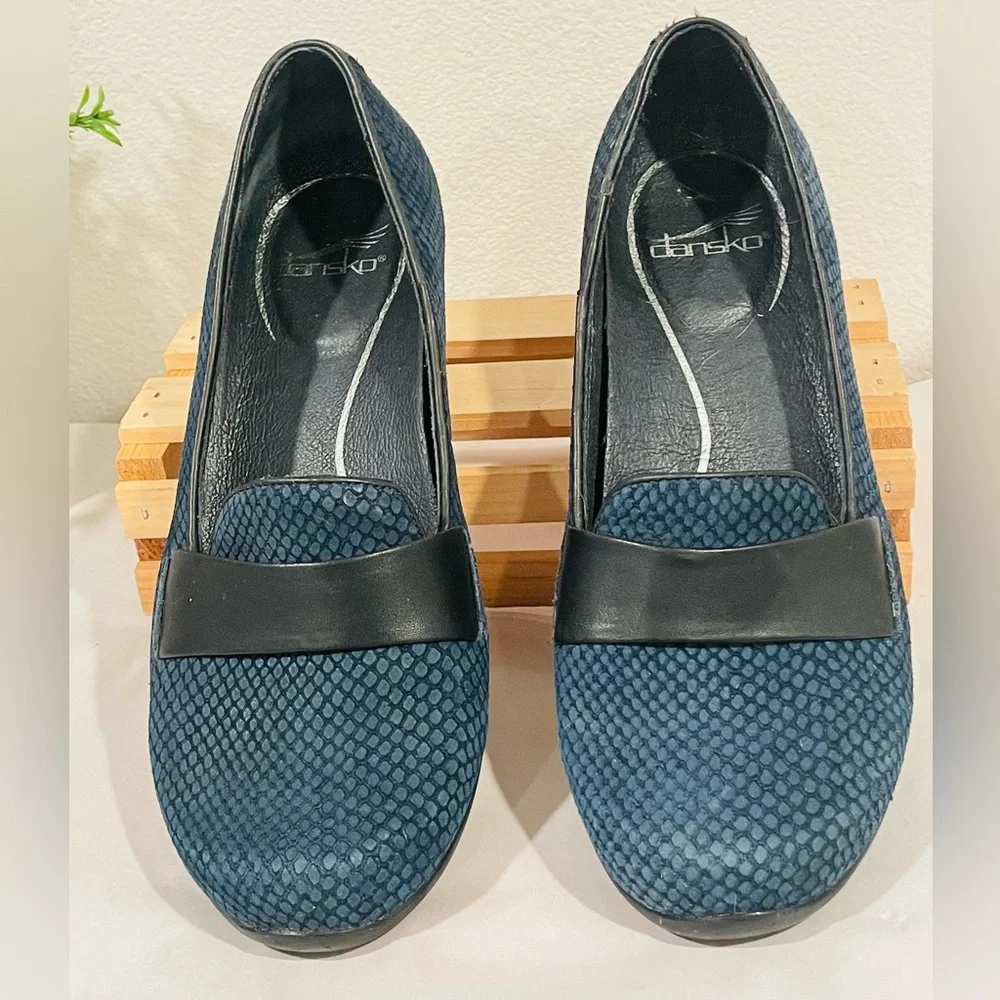 Dansko “Oksana” Blue Velvety Suede Women’s Loafers | Black Leather Accent Band